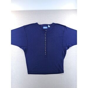 Vtg Dolman Batwing T Shirt Womens Small Blue Henley 3/4 Button Thermal Top